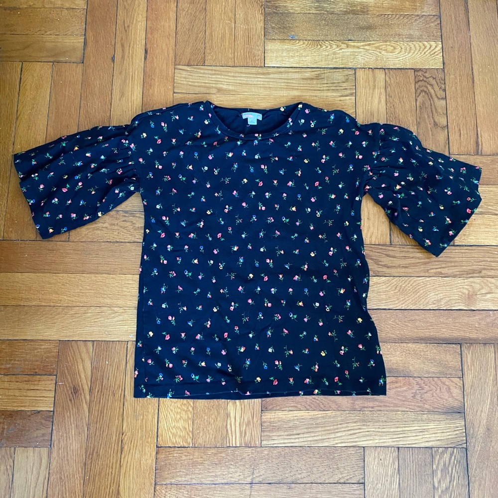 Crewcuts - Girls' Black Floral Bell-Sleeve Top -Size 14